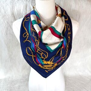 Vintage Adrianna Papell Equestrian Tassel and Ribbon Chain Print Silk Scarf